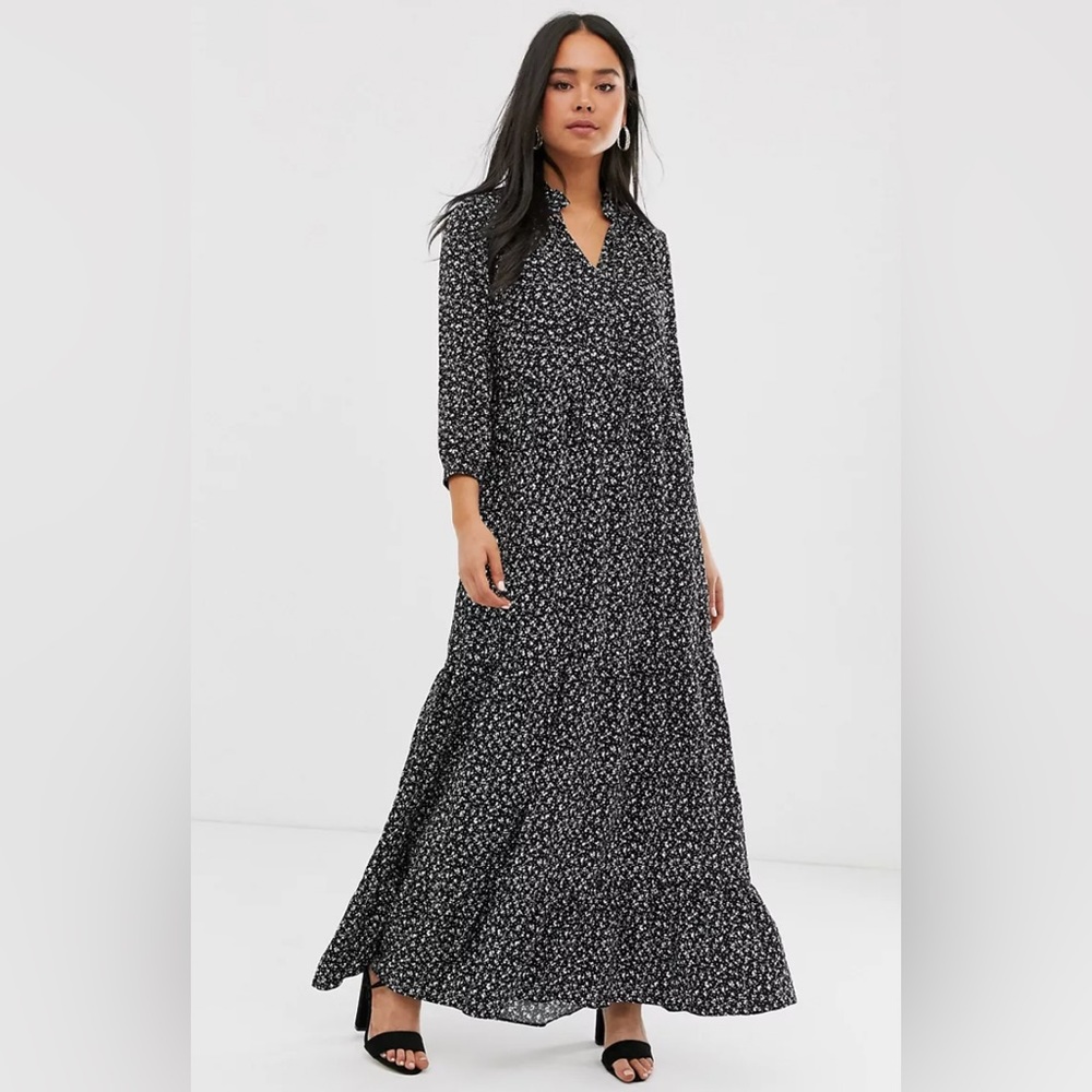 Nobody’s Child Black Floral Ruffle Tie Neck Tiered Maxi Dress